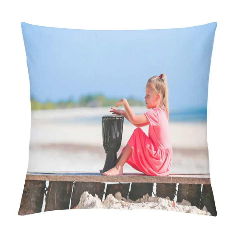 Personality  Little Happy Girl Playing On African Drums. Adorable Kid Having Fun With National African Drums On White Beach Pillow Covers