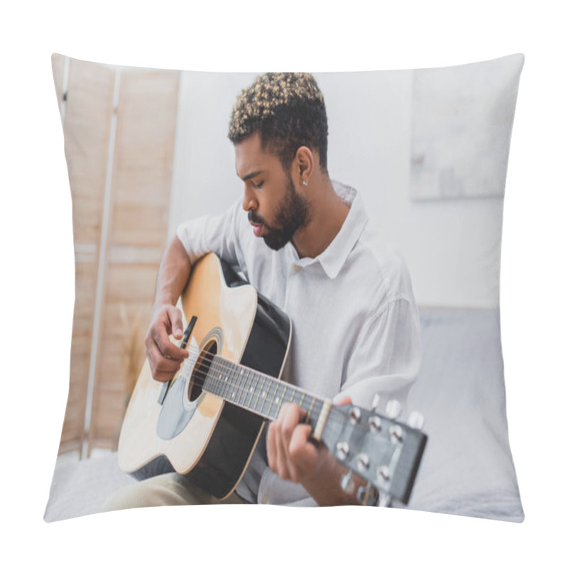 Personality  Focused Young African American Man With Dyed Hair Playing Acoustic Guitar In Bedroom Pillow Covers