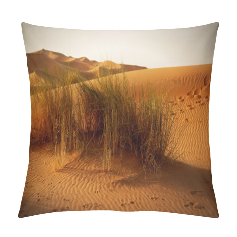 Personality  A Moroccan Desert Scenery With Desert Grass Plantation, Dunes On The Horizon And Neverending Footsteps On The Glowing Sand Surface, In The Upcoming Evening Light With Shadows Pillow Covers