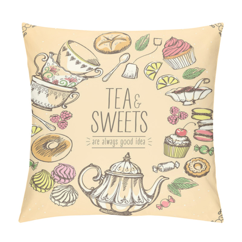 Personality  Tea Ceremony Vector Llustration. Tea Time. Tea And Set Of Sweets Pillow Covers