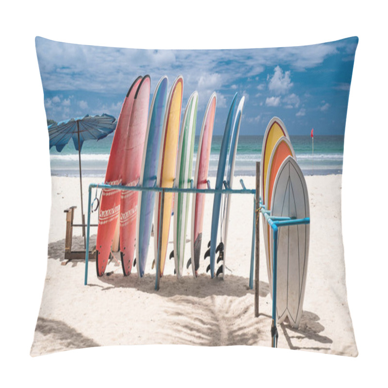 Personality  Surfboard On The White Sand Beach, Tropical Time Pillow Covers