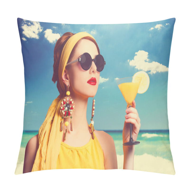 Personality  Pretty Redhead Women With Cocktail On The Beach. Pillow Covers