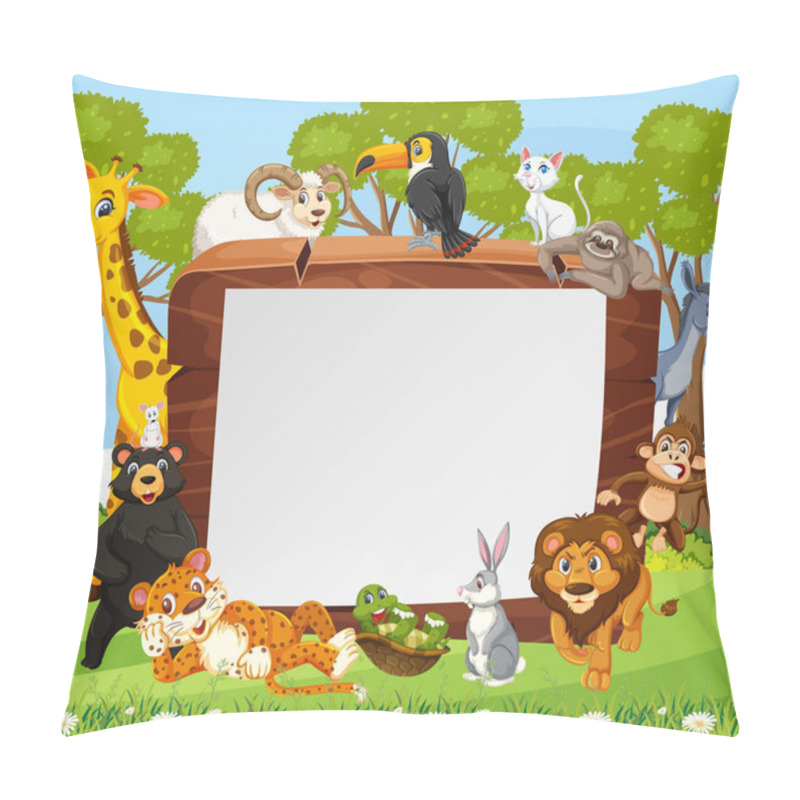 Personality  Empty Wooden Frame With Various Wild Animals In The Forest Illustration Pillow Covers