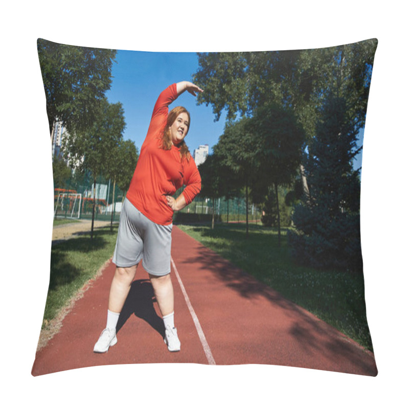 Personality  A Joyful Woman Stretches While Exercising Outdoors On A Vibrant Day. Pillow Covers