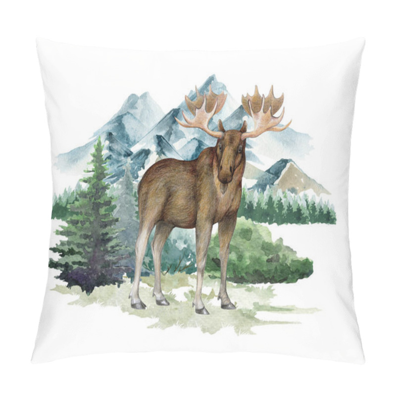 Personality  Hand Drawn Moose Standing In The Forest Landscape Illustration. Realistic North Wildlife Animal. North America, Canada, Europe Woodland Mammal. Big Moose In Forest Landscape. White Background. Pillow Covers