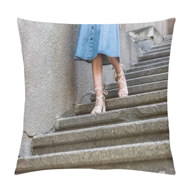 Personality  Cropped Shot Of Woman In Denim Skirt And Stylish Shoes Walking Down Steps Pillow Covers