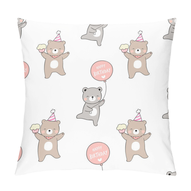 Personality  Draw Seamless Pattern Of Cute Bears With Balloons And Cupcakes Isolated On White Background Pillow Covers