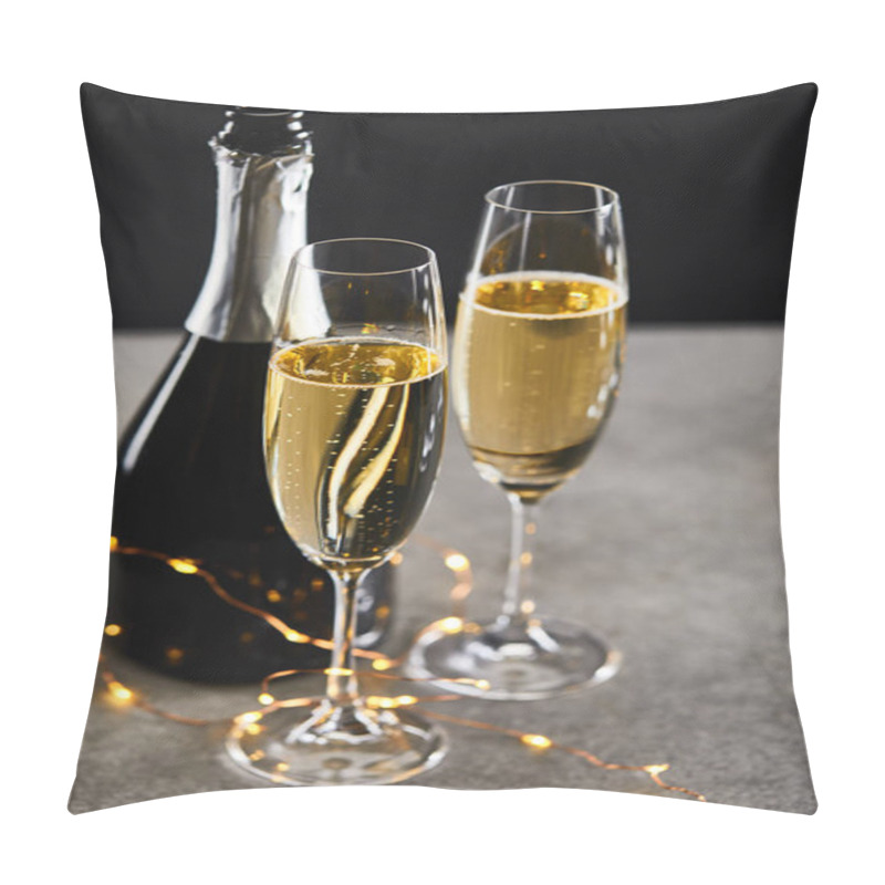 Personality  Glasses And Bottle With Champagne And Yellow Christmas Lights, On Black Pillow Covers