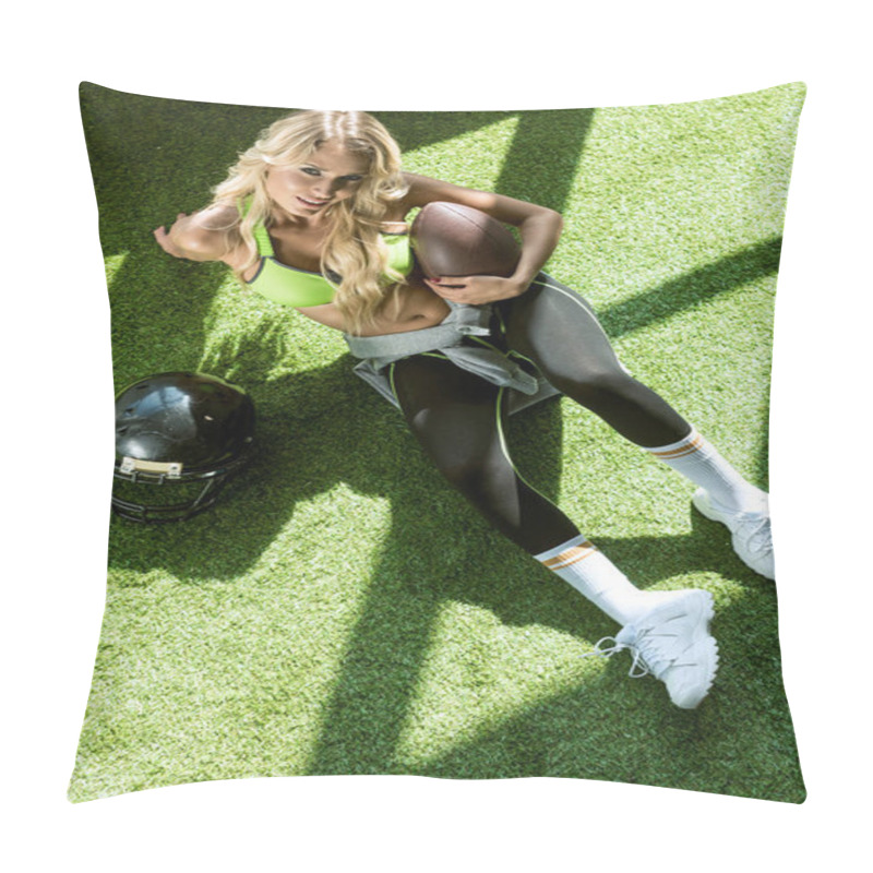 Personality  Overhead View Of Athletic Young Woman Sitting On Green Grass With American Football Ball And Helmet Pillow Covers