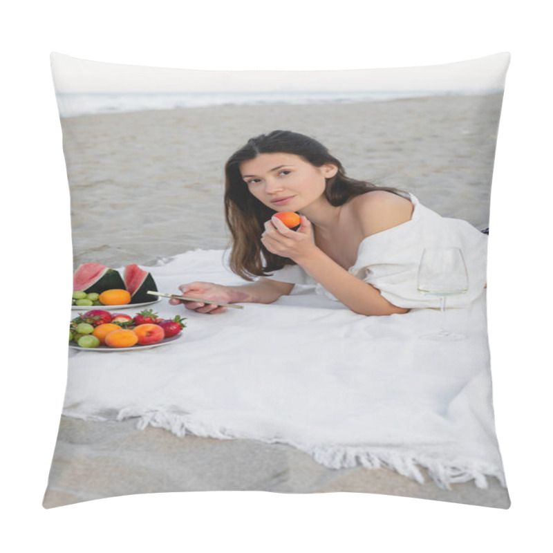 Personality  Woman In Shirt Holding Apricot And Smartphone Near Wine On Blanket On Beach  Pillow Covers