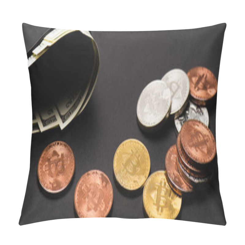 Personality  KYIV, UKRAINE - APRIL 26, 2022: Bitcoins Near Wallet With Dollars On Black Background, Banner  Pillow Covers