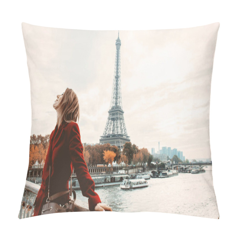 Personality  Style Girl In Paris With Eiffel Tower On Background Pillow Covers