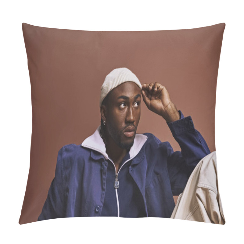 Personality  A Young African American Man Exudes Style In A Blue Jacket And White Hat. Pillow Covers