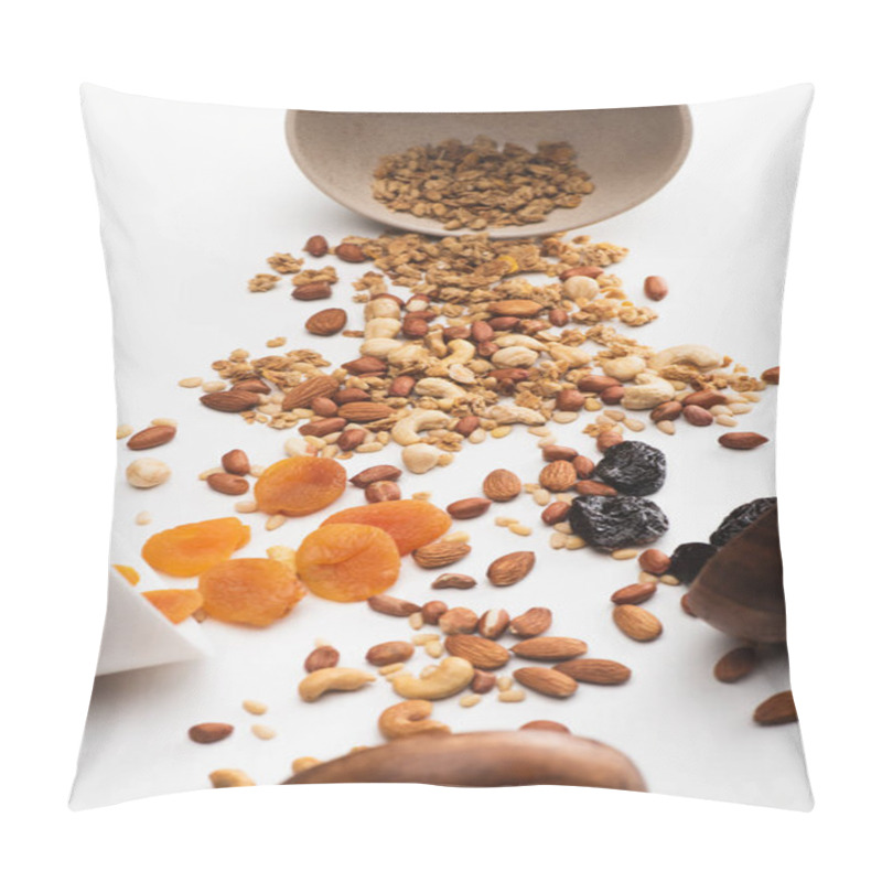 Personality  Delicious Granola With Nuts And Dried Fruits Scattered From Bowls On White Pillow Covers