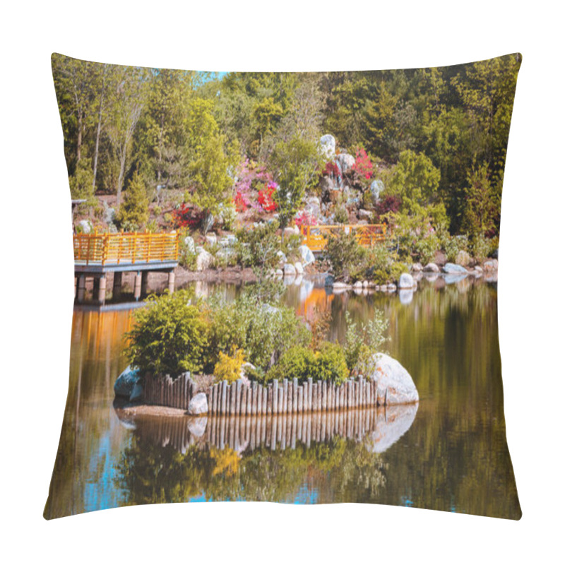 Personality  Island In The Middle Of The Pond At The Japanese Gardens In Grand Rapids Michigan On A Sunny Spring Day Pillow Covers