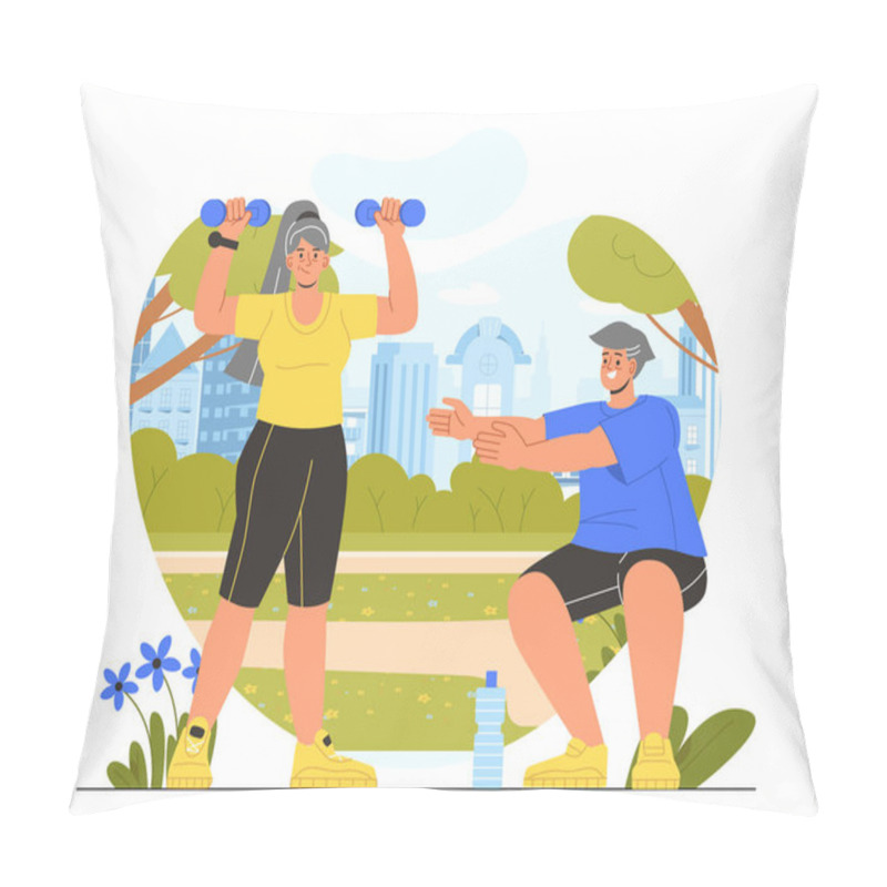 Personality  Elderly Doing Sports Concept. Man And Woman With Bottle Of Water And Dummbells. Active Lifestye And Sport Outdoor. Training And Fitness. Cartoon Flat Vector Illustration Isolated On White Background Pillow Covers