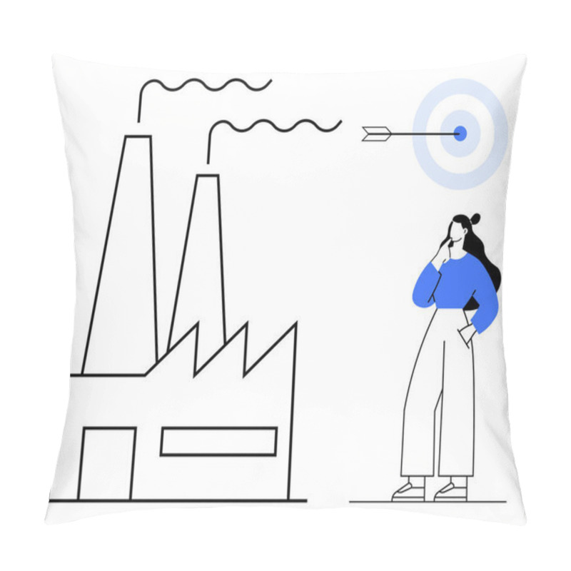 Personality  Factory Chimneys Emitting Smoke, Bullseye Target With Arrow, Thoughtful Woman With Hand On Chin. Ideal For Business Strategy, Goal Setting, Industrial Planning, Focus, Precision, Success Pillow Covers