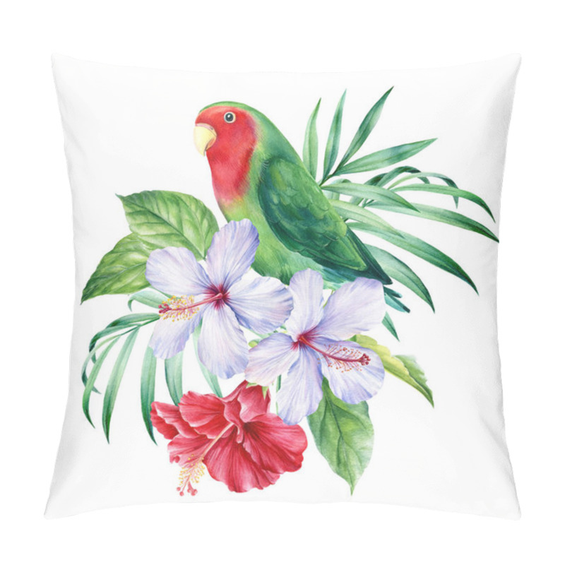 Personality  Parrots-lovebird And Palm Leaves, Tropical Hibiscus Flowers On A White Background, Watercolor Illustration Pillow Covers