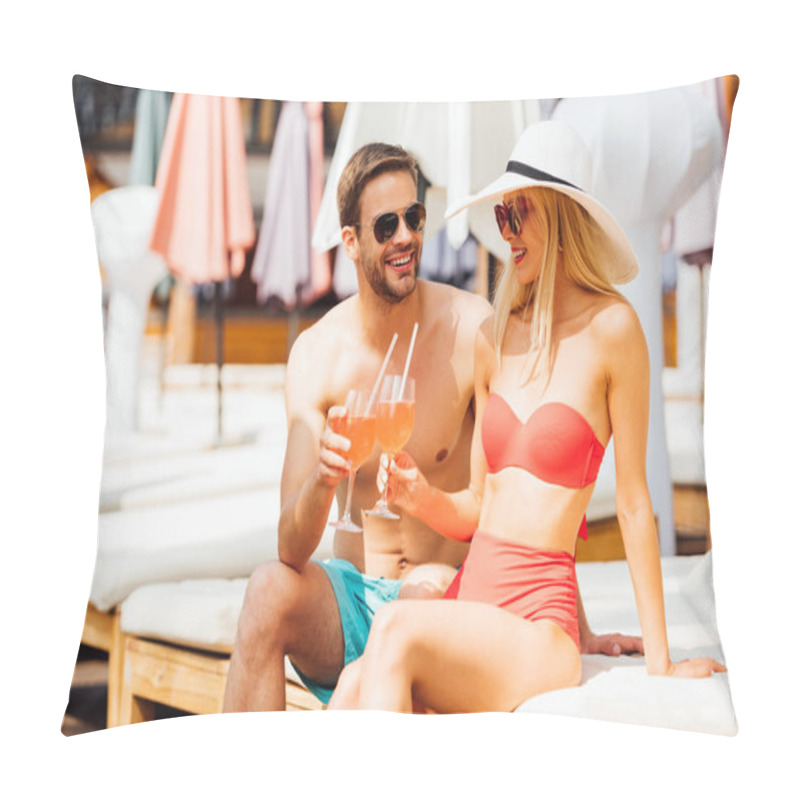 Personality  Happy Smiling Couple Holding Cocktails At Resort In Sunny Day Pillow Covers