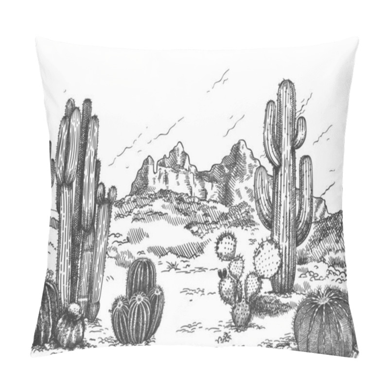 Personality  Desert Landscape. Hand Drawn Mexican Prairie With Plants And Blooming Cactuses, Prickly Succulents Nature Wild West Sketch Vector Background Pillow Covers