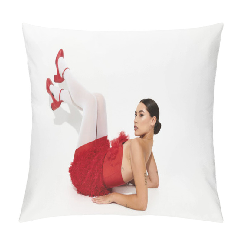 Personality  A Stunning Young Woman Reclines Gracefully, Showcasing Her Vibrant Red Attire And Striking Heels. Pillow Covers