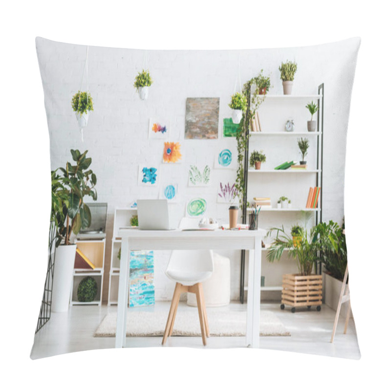 Personality  Spacious Room With Desk, Chair, Rack, Green Potted Plants And Painting On White Wall Pillow Covers