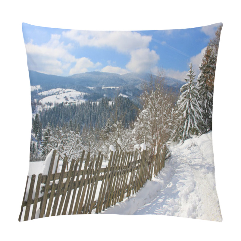 Personality  Mountain Road Covered By Snow At Countryside. Winter Landscape With Snowed Trees And Wooden Fence, Panoramic View Of The Valley And Forest In Mountain Pillow Covers