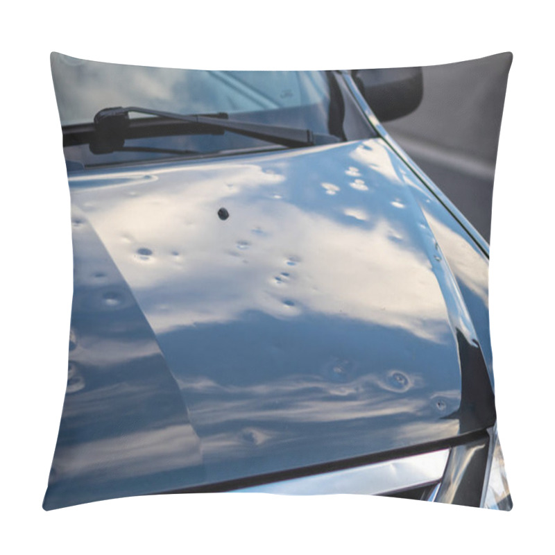 Personality  Black Car Engine Hood With Many Hail Damage Dents Show The Forces Of Nature And The Importance Of Car Insurance And Replacement Value Insurance Against Hail Dents Of Storm Hazards Extreme Weather Pillow Covers