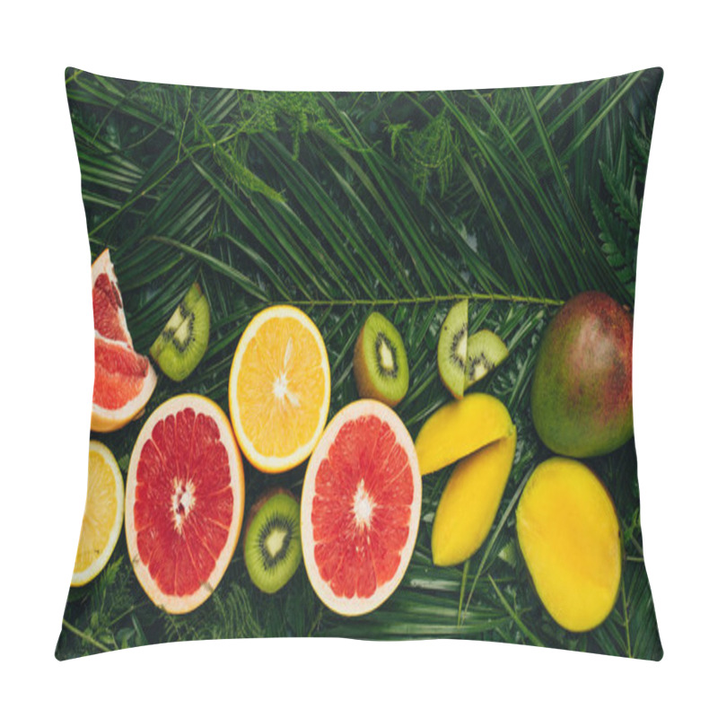 Personality  Top View Of Organic Tropical Fruits On Palm Leaves Pillow Covers