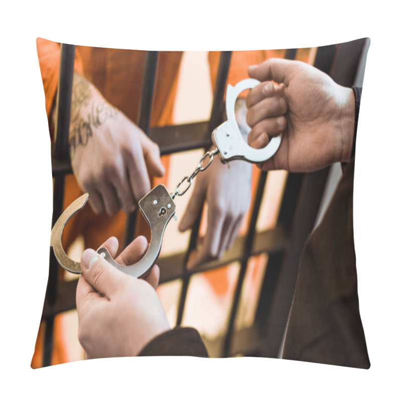 Personality  Cropped Image Of Prison Officer Wearing Handcuffs On Prisoner Pillow Covers