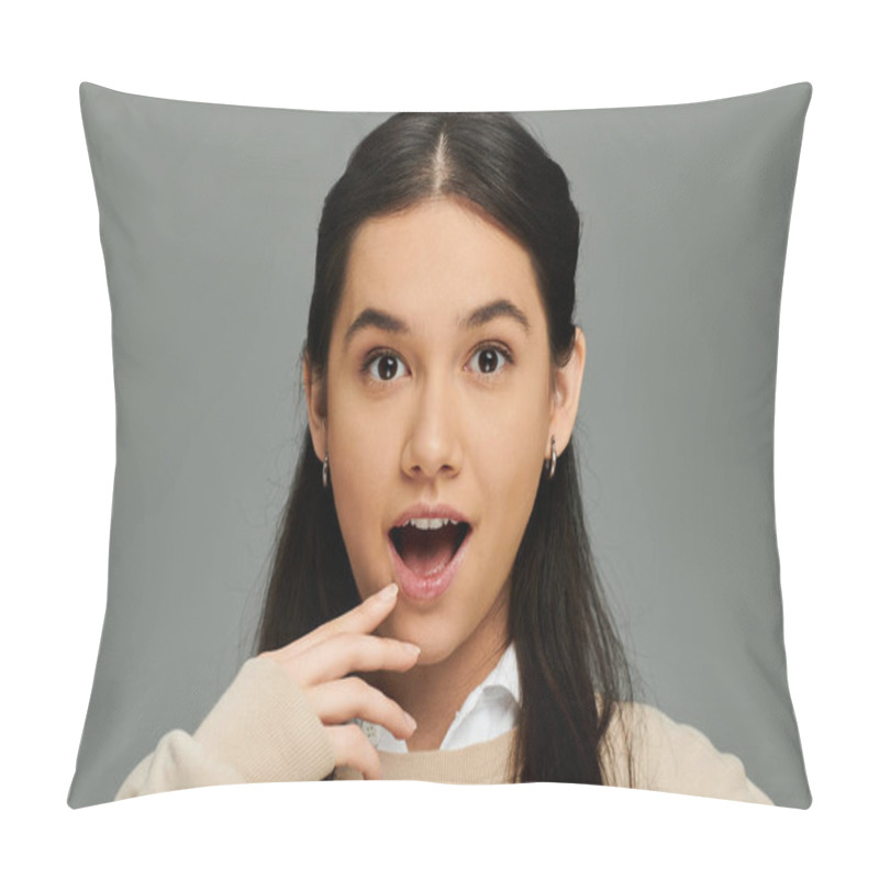 Personality  An Emotional Young Woman Showcases Her Stylish Outfit While Reacting With Astonishment. Pillow Covers