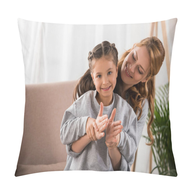 Personality  Beautiful Happy Mother And Daughter Having Fun Together At Home Pillow Covers