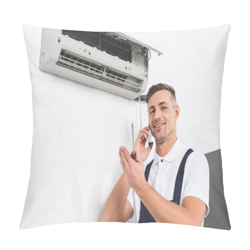 Personality  Happy Man Talking On Smartphone While Repairing Air Conditioner  Pillow Covers