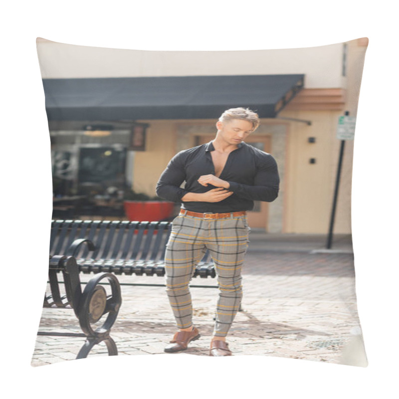 Personality  A Handsome Blonde Man In A Black Shirt And Plaid Pants Strolls Through The Streets Of Orlando, Florida. Pillow Covers