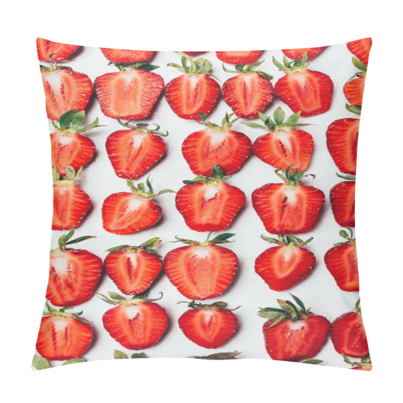 Personality  Top View Of Seamless Pattern Made Of Ripe Fresh Sliced Strawberries On White  Pillow Covers