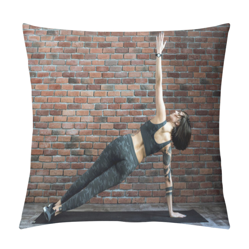 Personality  Tattooed Female Doing Exercises Indoors, Sporty Woman Practicing Yoga Pillow Covers