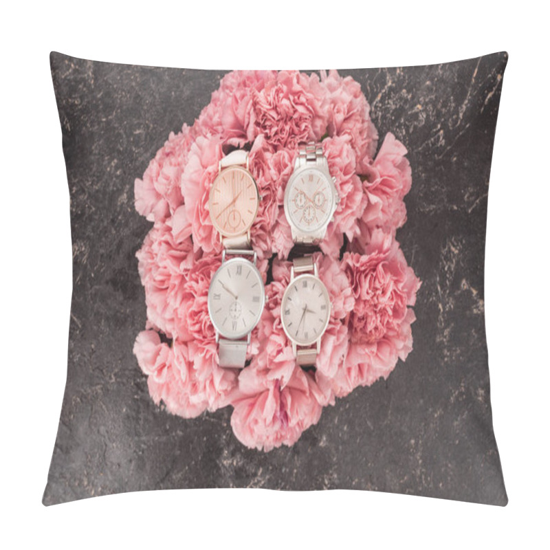 Personality  Top View Of Elegant Wristwatches Lying On Blooming Pink Flowers On Grey Surface Pillow Covers