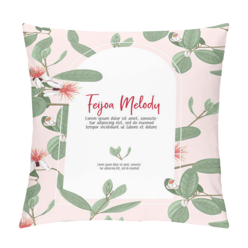 Personality  Template For Invitation, Greeting Card, Banner With Place For Text With Feijoa Flowers. Vector Illustration. In Soft Green Colors On Soft Pink Background. Pillow Covers