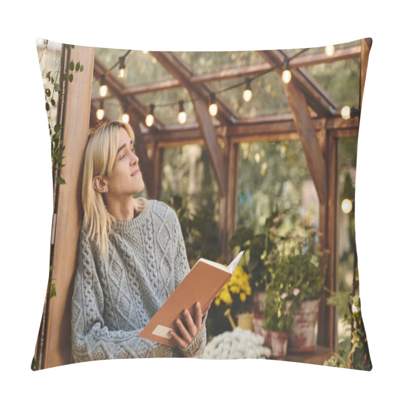 Personality  In A Cozy Greenhouse Adorned With Warm String Lights, A Handsome Young Man Reads Thoughtfully, Immersed In A Book. Vibrant Flowers And Lush Greenery Create A Serene Atmosphere. Pillow Covers