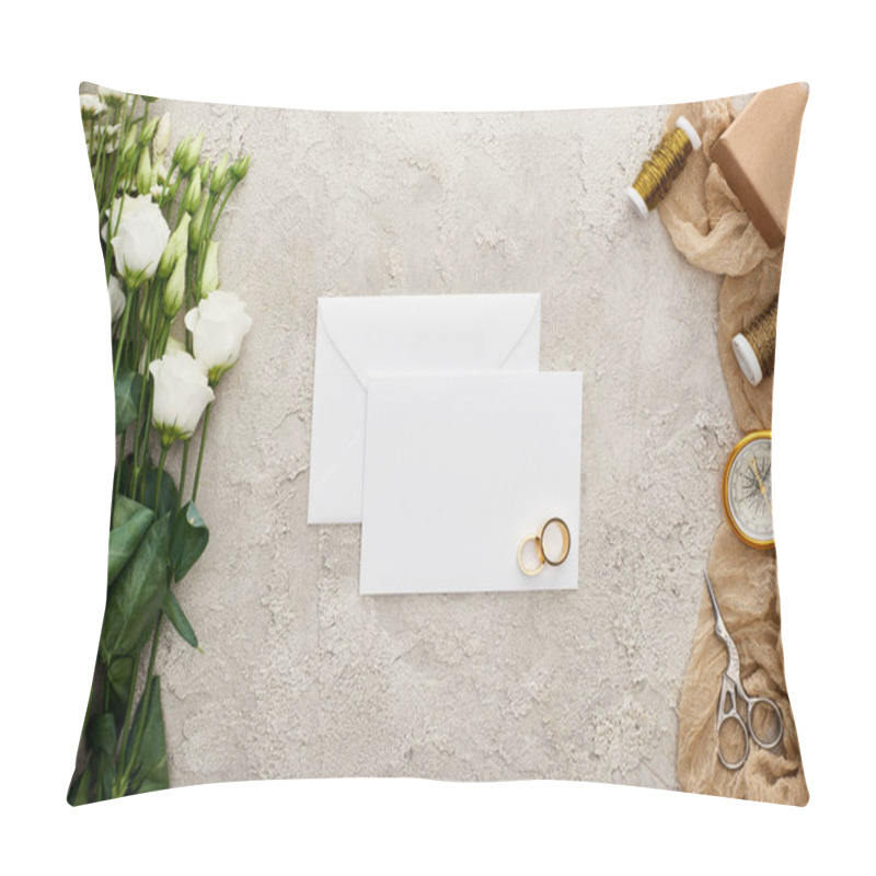 Personality  Top View Of Pair Of Wedding Rings On Empty Card, Eustoma Flowers, Gift Box, Compass, Scissors And Bobbins On Beige Sackcloth On Textured Surface  Pillow Covers