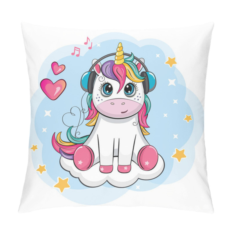 Personality  A Cute Little Unicorn With Headphones Is Sitting On The Cloud. Romantic Story. Wonderland. Cartoon Illustration With Clouds, Stars And Hearts. Vector Pillow Covers