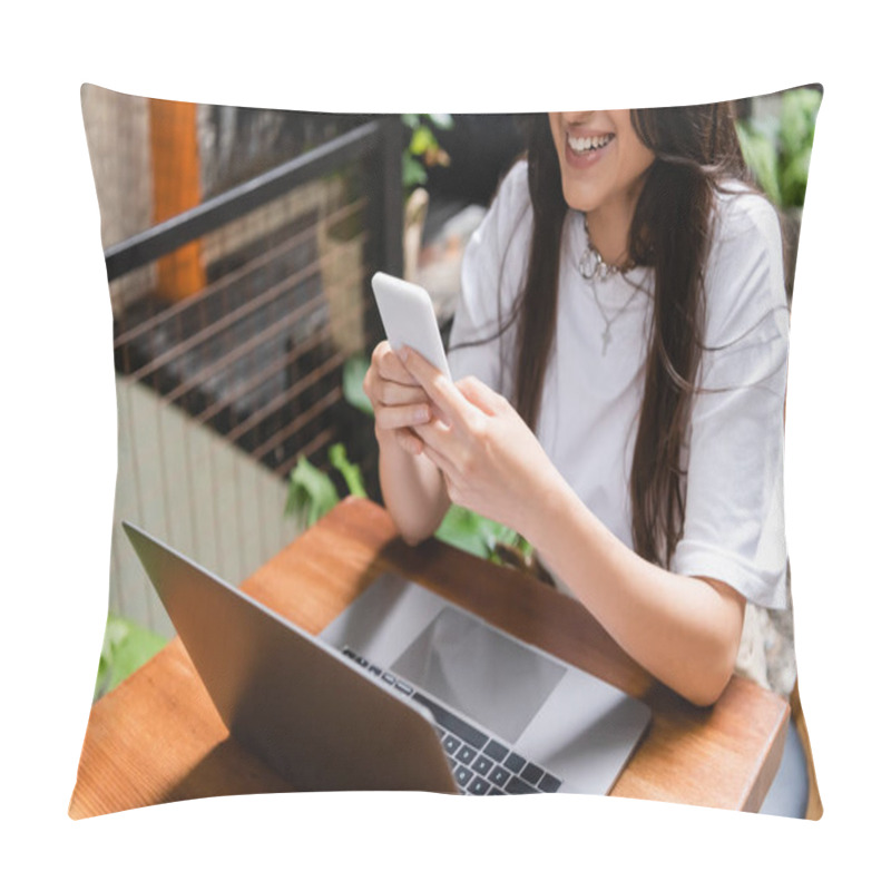 Personality  Cropped View Of Smiling Woman Using Smartphone Near Laptop In Outdoor Cafe  Pillow Covers