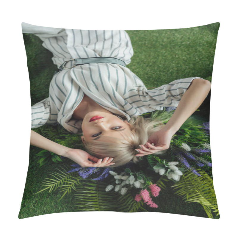 Personality  Top View Of Beautiful Stylish Girl Lying On Artificial Grass With Fern And Flowers Pillow Covers