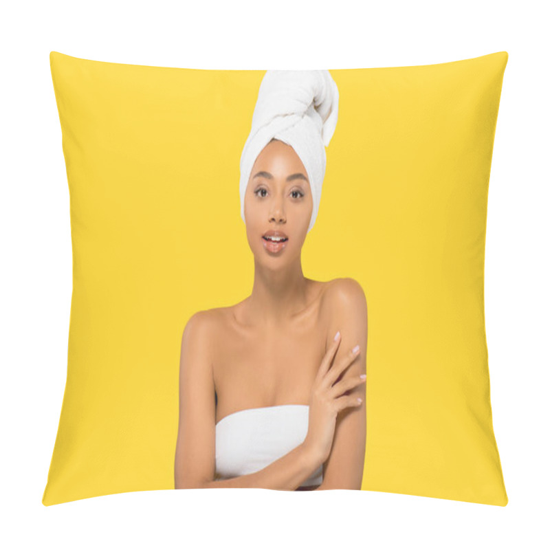 Personality  Attractive African American Girl With Towel On Head, Isolated On Yellow Pillow Covers