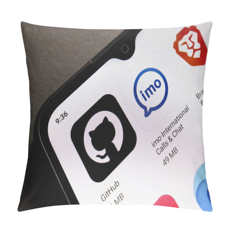 Personality  October 25, 2024, Brazil. In This Photo Illustration, The GitHub, Imo And Brave Browser App Logo Is Displayed On A Smartphone Screen. Pillow Covers