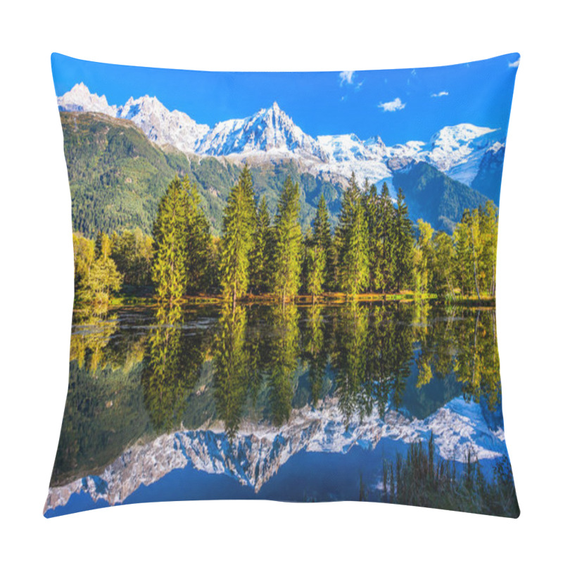 Personality  Concept Of Active And Ecotourism. Mountain Resort Of Chamonix, The Foot Of Mont Blanc. Fantastic Sunset In The Autumnal Alps. Stunning Reflections Of Snowy Peaks In The Lake Water Pillow Covers