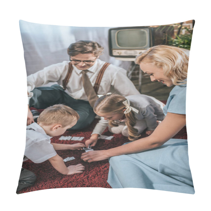 Personality  Happy Family With Two Kids Playing Dominoes Together At Home, 1950s Style Pillow Covers