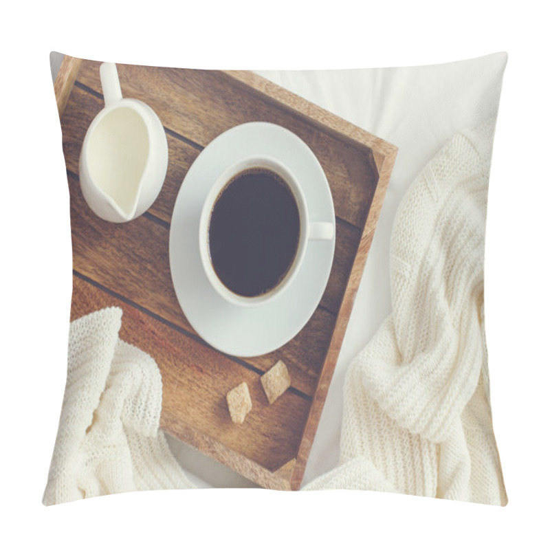 Personality  Cup Of Coffee, Cream And Brown Sugar On Wooden Tray Pillow Covers