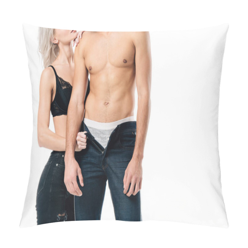 Personality  Young Woman Unzipping Pants Of Muscular Man Isolated On White Pillow Covers