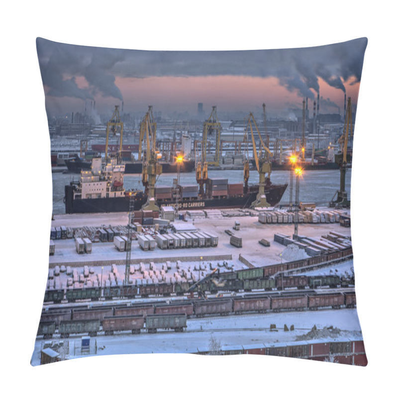 Personality  Unloading Of Cargo Ship In Sea Port Winter Evening. Pillow Covers